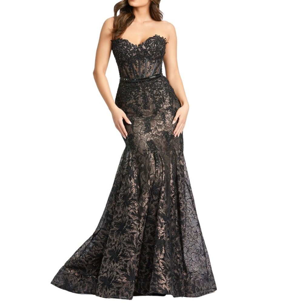 Mac Duggal Corset Strapless Trumpet Long Dress Gown Sequin Lace Womens 2 Black